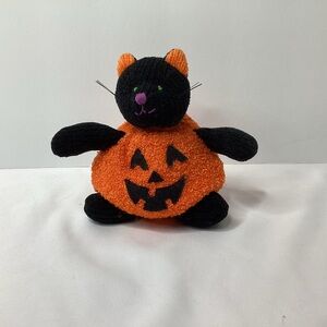 Russ Black Cat In Halloween Pumpkin Plush 7” Green Soft Eyes Bean Bottom Vintage